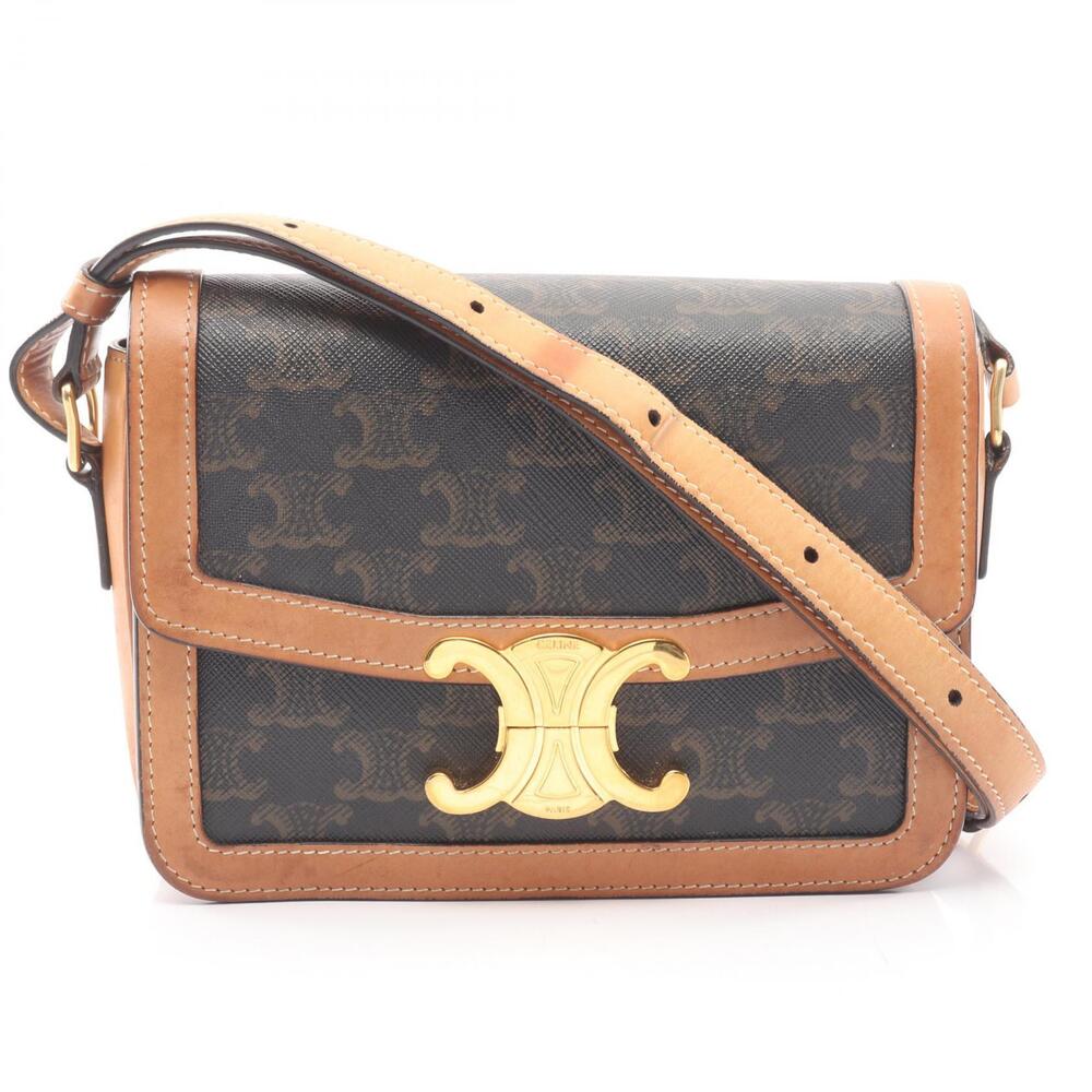 Celine Teen Triomphe Shoulder Bag Canvas Leather Black Brown